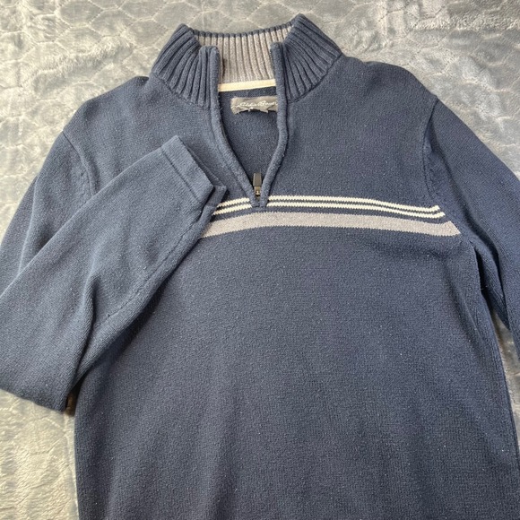 Eddie Bauer Other - Eddie Bauer Quarter Zip Sweater Mens Medium Navy Blue Striped 100% Cotton Mock